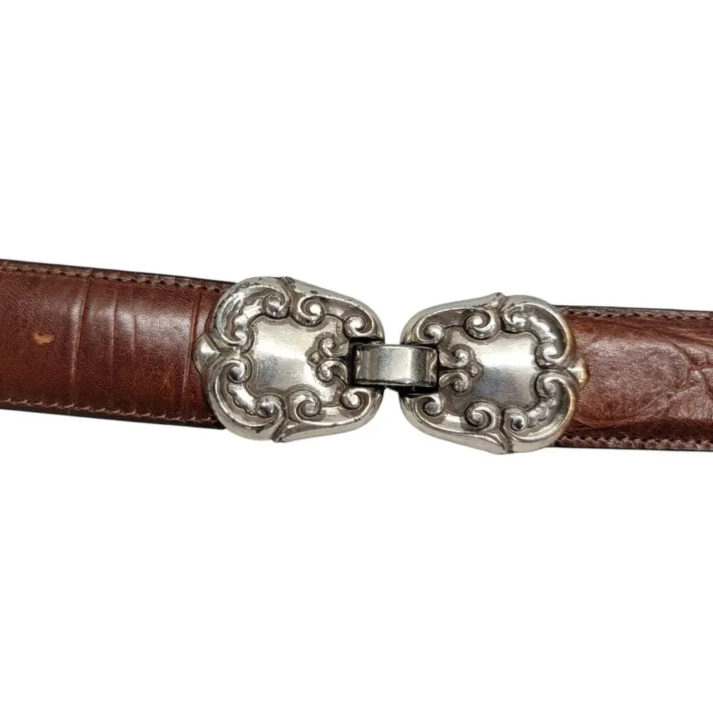 Vintage Brighton Brown Leather Western Croco Belt Engraved Made in USA 1996 S